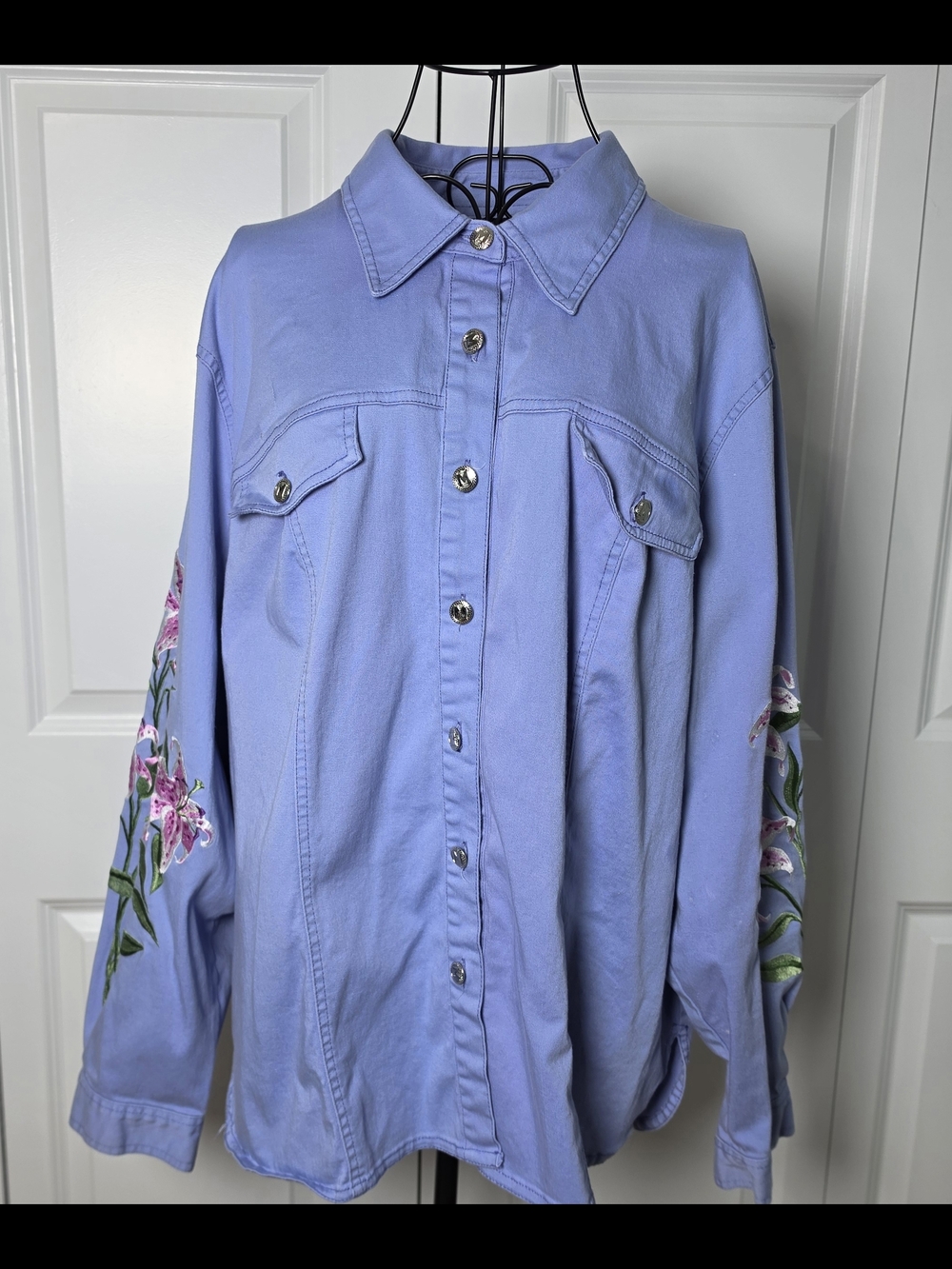 Bob Mackie Embroidered Lily Shacket 1X Liliac Floral Wearable Art Jacket Top